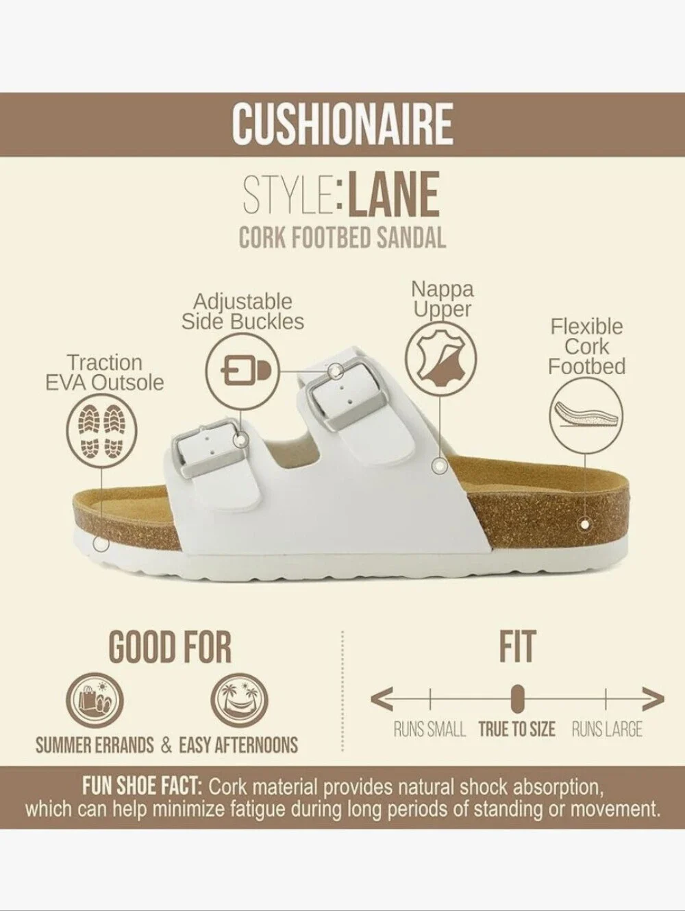 Cushionaire SZ6.5 White Lane Cork Footbed Double Buckle Strap Sandals